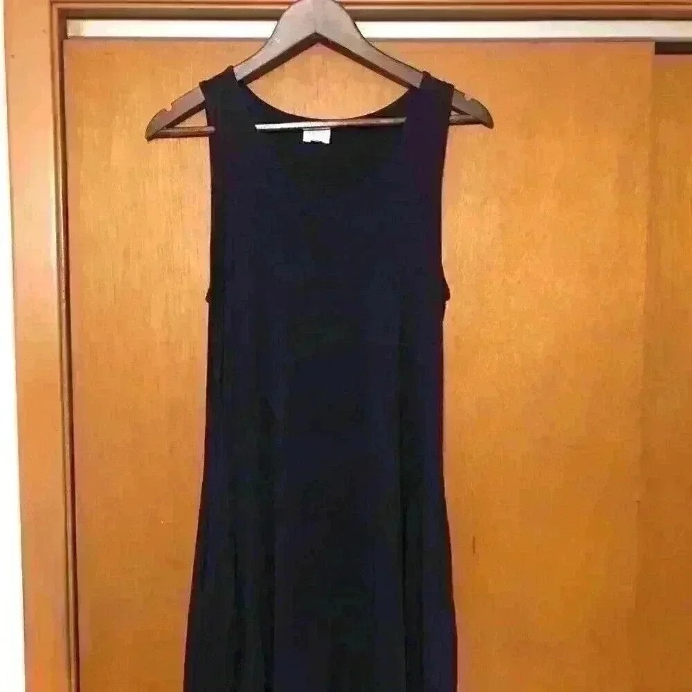 Cupio Navy Blue Sleeveless A-Line Midi Dress Viscose Blend Scoop Neck w/ Pockets